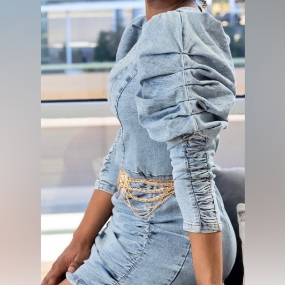 🔥 HOT DENIM MINI DRESS ruching on sleeves and in front panel.